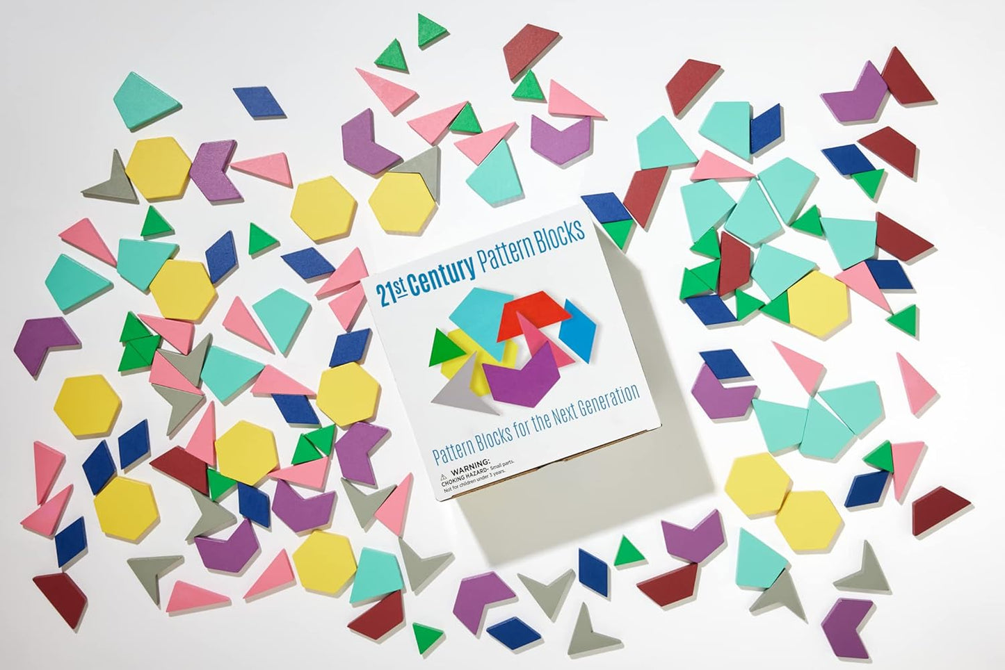 Math for Love 21st Century Pattern Blocks - Set of 132 Colorful Wooden Blocks in Eight Shapes for Creative STEAM Play at Home or School