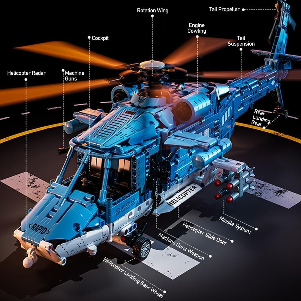 Powered Military Helicopter Building Blocks Set – 1521PCS Army Aircraft Bricks Model with Motor-Driven Rotors, Power Module & Mechanical Gear System – STEM Engineering Toy for Boys, Teens & Adults