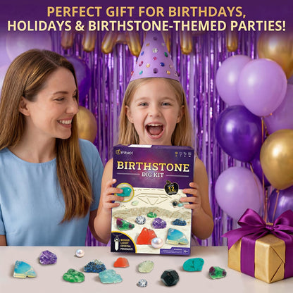 PIBEX Birthstone Dig Kit, Excavate 12 Real Gems & Crystals, DIY Gemstone Necklace & Bonus Pendant, STEM Educational Gemology Toy, Rock Geology Gifts for Boys & Girls 6-12