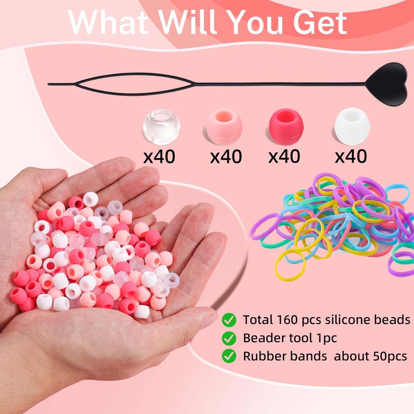 150Pcs 10mm Small Silicone Beads for Hair Braids, Soft Jellyish Pony Hair Beads with 5mm Hole + 50 Rubber Bands and 1 Beader for Braiding, DIY Bracelets Necklaces Crafts (Pink)