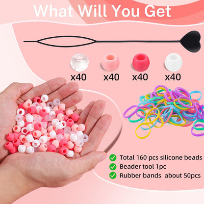 150Pcs 10mm Small Silicone Beads for Hair Braids, Soft Jellyish Pony Hair Beads with 5mm Hole + 50 Rubber Bands and 1 Beader for Braiding, DIY Bracelets Necklaces Crafts (Pink)