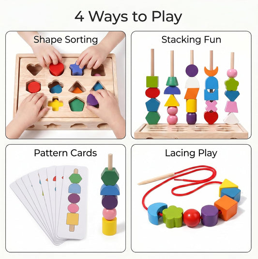 4 in 1 Montessori Wooden Shape Sorter Toy, Color Sorting Stacking Sequencing and Lacing Beads with Pattern Cards, Fine Motor Skills Learning Toy for Toddlers Preschool Boys Girls