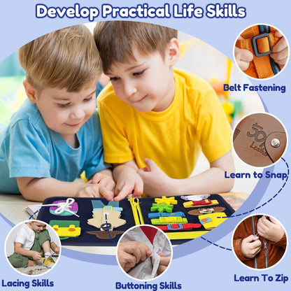 Qizfun Montessori Busy Board & Busy Book for Toddlers – Sensory & Learning Toy That Keeps Kids Busy, Travel Toy for Airplane & Car, Screen for Boys & Girls (Blue/P4)