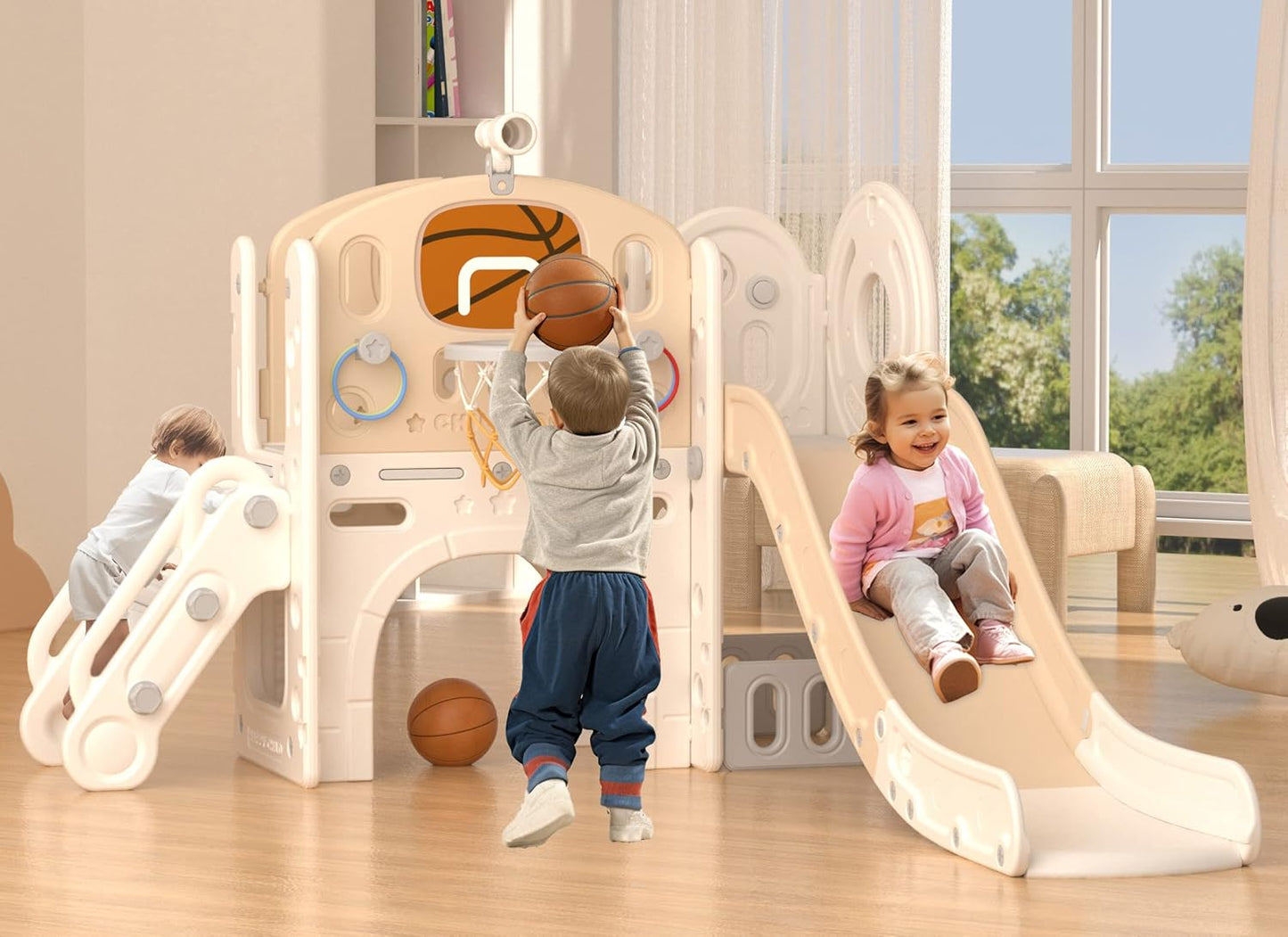 YUFU 9 in 1 Toddler Slide Set, Kids Slide for Toddlers Age 1-3, Toddler Playset with Climber and Basketball Hoop, Kids Indoor Outdoor Playground (Beige+Coffee)