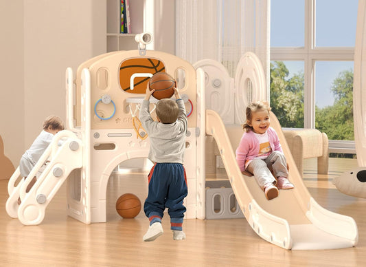 YUFU 9 in 1 Toddler Slide Set, Kids Slide for Toddlers Age 1-3, Toddler Playset with Climber and Basketball Hoop, Kids Indoor Outdoor Playground (Beige+Coffee)