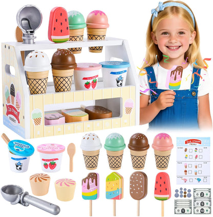 Mini Wooden Ice Cream Toys for Kids Pretend Play Kitchen Food Toys, Counter Shop Playset for Toddlers with Scoop & Menu & Fake Money for 3 4 5 6 Year Old Girls Boys Christmas Birthday Gifts