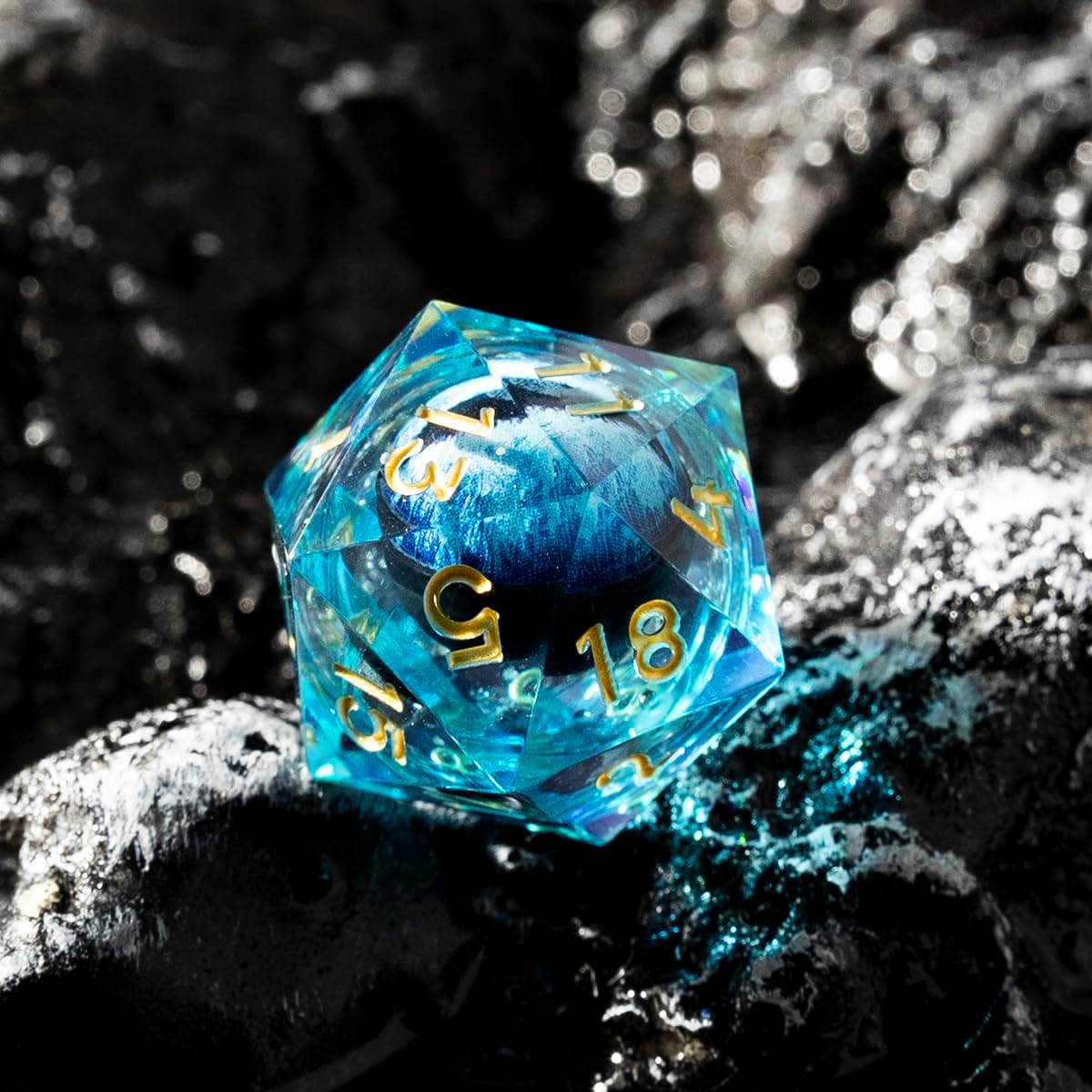 YEMEKO Beholder'S Eye D20 Dice Dragon Eye DND 22MM Single with Resin Sharp Edge 20 Sided D&D Handmade Polyhedral for Dungeons and Dragons, RPG, Roleplaying Games MTG Table Games(Blue Gold)