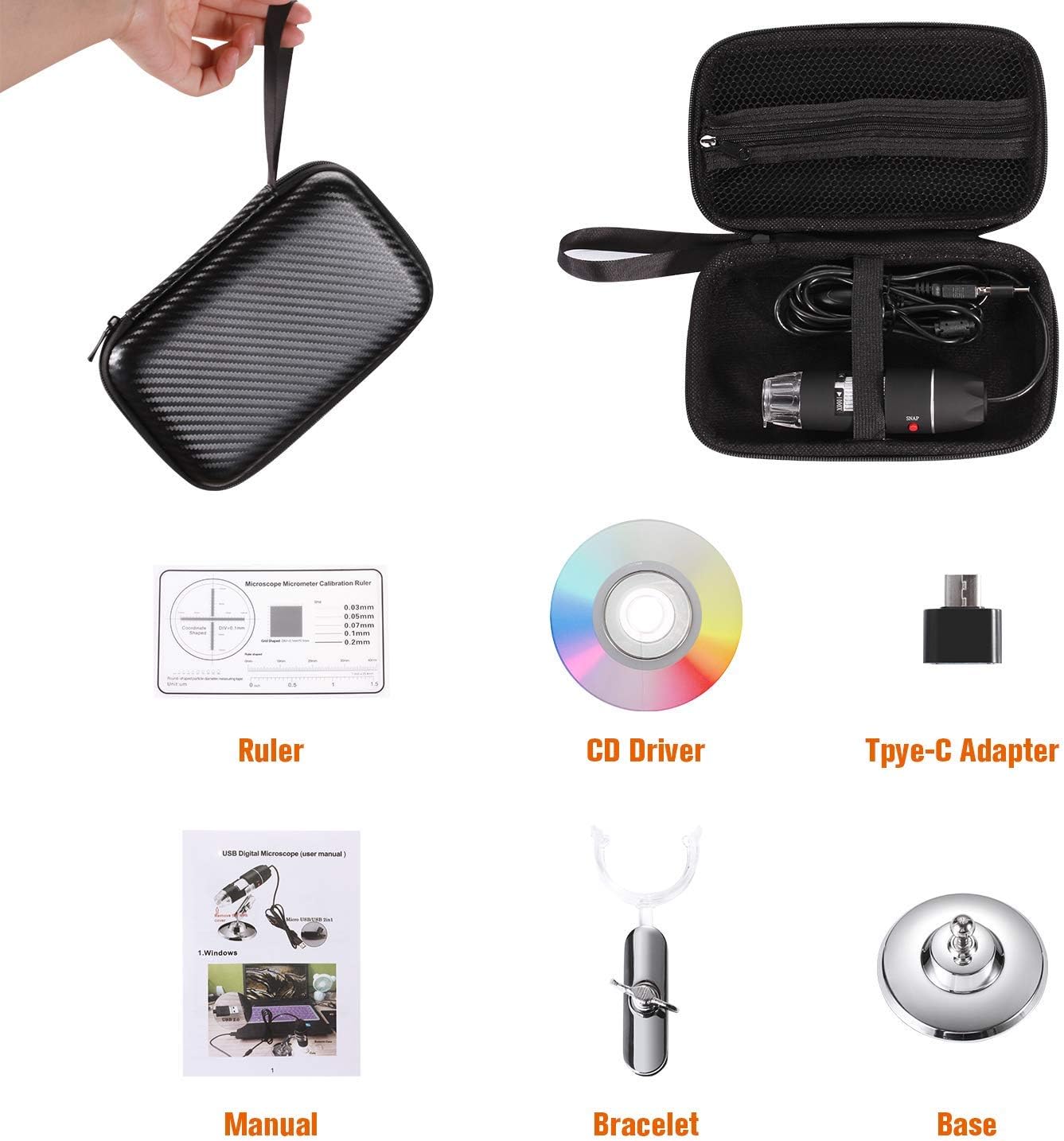 USB Digital Microscope 40X to 1000X, 8 LED Magnification Endoscope Camera with Carrying Case & Metal Stand, Compatible for Android Windows 7 8 10 11 Linux Mac (Not for iPhone/iPad)