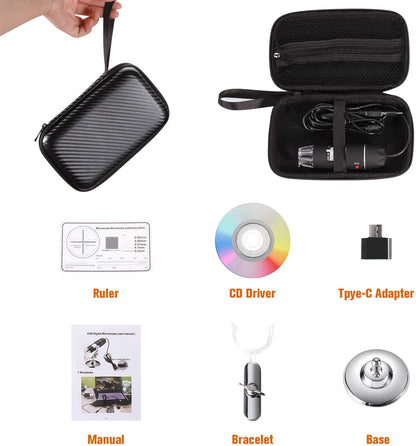 USB Digital Microscope 40X to 1000X, 8 LED Magnification Endoscope Camera with Carrying Case & Metal Stand, Compatible for Android Windows 7 8 10 11 Linux Mac (Not for iPhone/iPad)