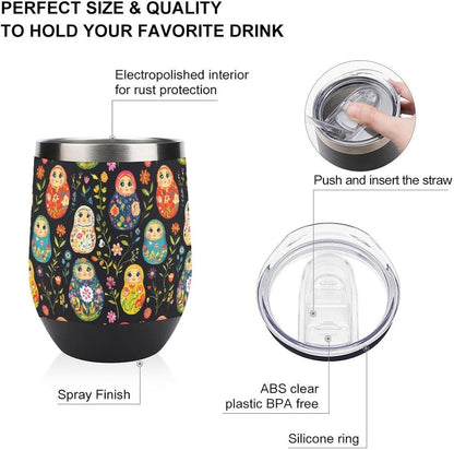 Russian Nesting Dolls Flowers Insulated Cups & Mugs 12 Oz Double-Wall Coffee Cup with Lids Drinks Tumbler for Women Men