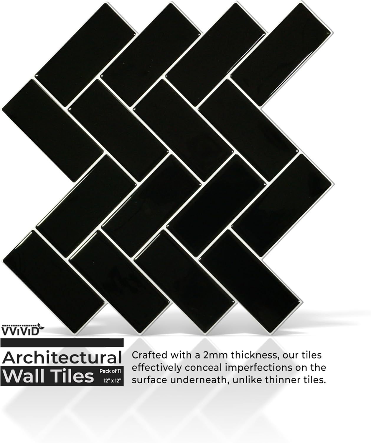 VViViD 11 Sheets Peel and Stick Grey Gloss Faux Ceramic Brick Wall Tiles, Self Adhesive Backsplash 12”x12”, 2mm Thick Kitchen, Bathroom (11 sq. ft.)