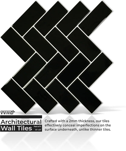 VViViD 11 Sheets Peel and Stick Grey Gloss Faux Ceramic Brick Wall Tiles, Self Adhesive Backsplash 12”x12”, 2mm Thick Kitchen, Bathroom (11 sq. ft.)