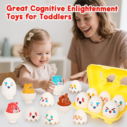Egg Toys for Toddlers 1-3,Montessori Geometric Eggs Early Preschool Educational Learning Fine Motor Skills Color Sorting Satcking Travel Bingo Puzzle Matching Games for Kids Boys Girls