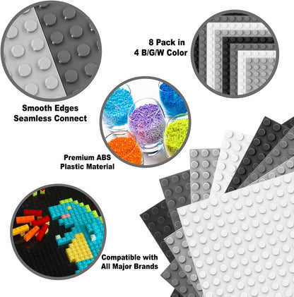 Building Bricks Baseplates Multipack 32x32 Stud, 8 Pack of Base Plates in Color of Black, Dark Grey, Light Grey & White, Foundation & Display for Building Blocks, 10x10 in. (25.5x25.5 cm)