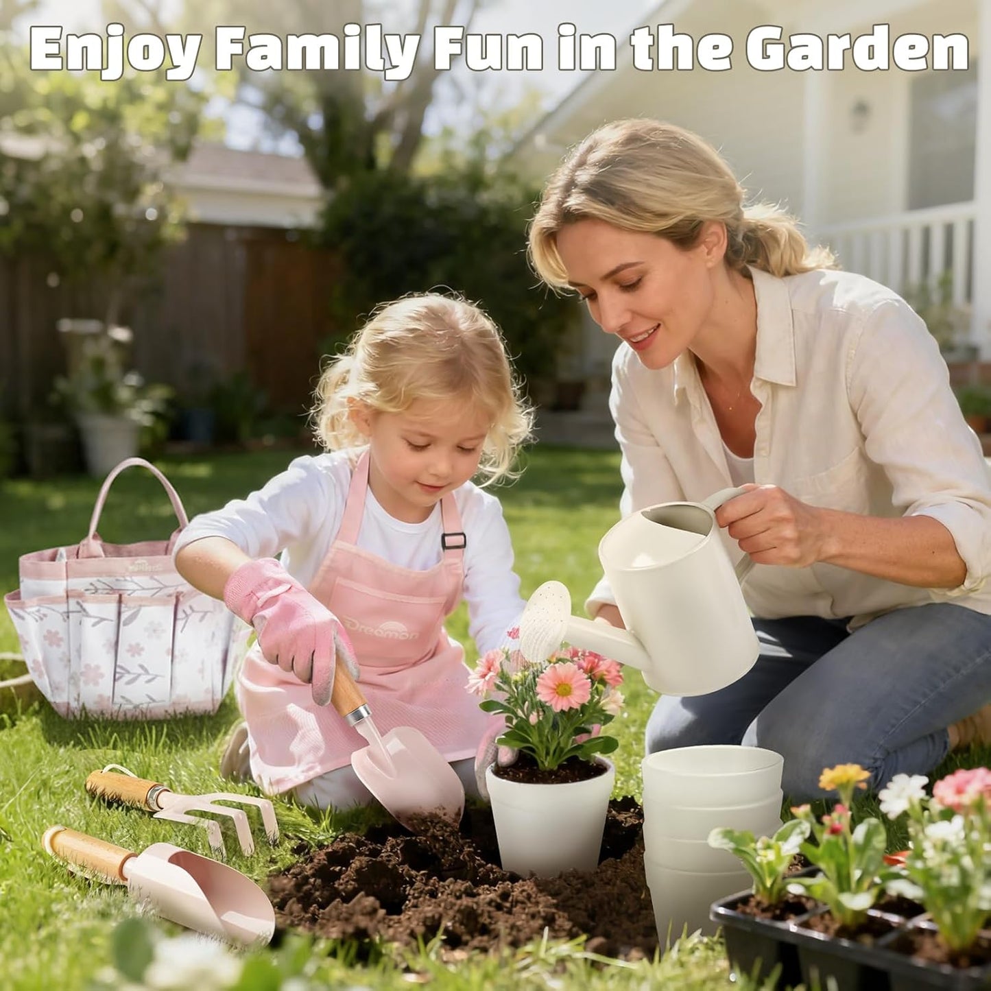 Kids Gardening Set, Quality Gardening Tools Outdoor Toys Set for Kids Toddler, Includes Tote Bag, Gloves, Watering Can, Shovel, Rake, Cultivator, Garden Tool Kit Learning Outdoor Gifts for Boys Girls