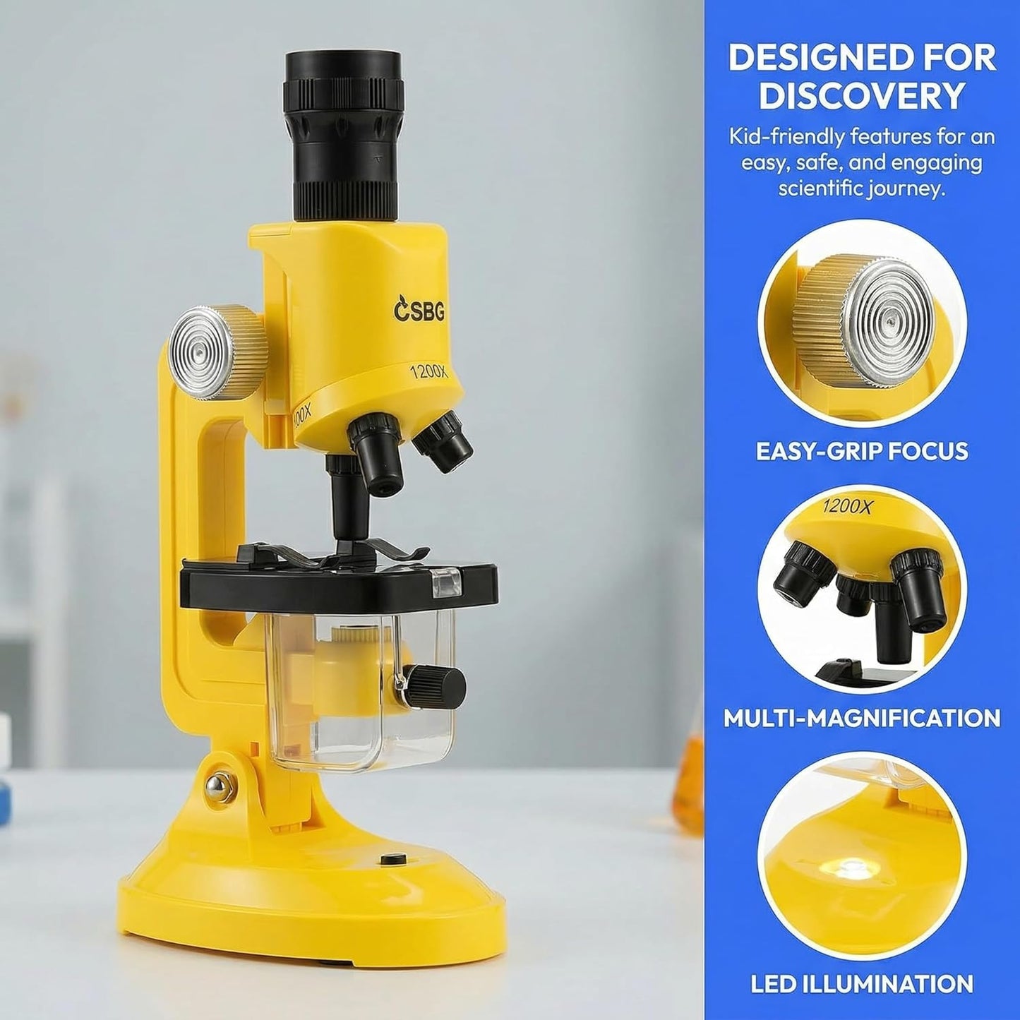 Kids Microscope Kit with LED Light - 100X/400X/1200X Magnification for STEM Learning, 12 Prepared Slides, Easy-to-Use Science Learning Kit (Ages 5-12) - Yellow