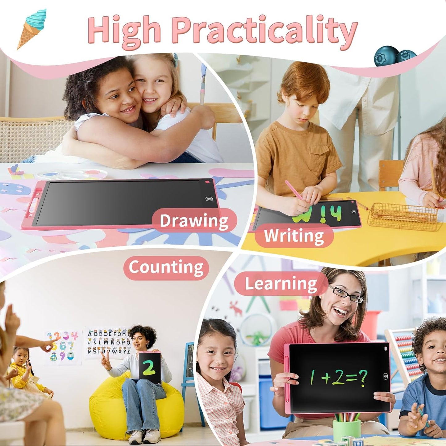 [2 Pack] Genialba LCD Writing Tablet 12-Inch Colorful Doodle Board, Toddler Learning Educational Toys Gifts for 3-8 Years Old Girls and Boys, Electronic Drawing Pad for Kids (Pink&Blue)