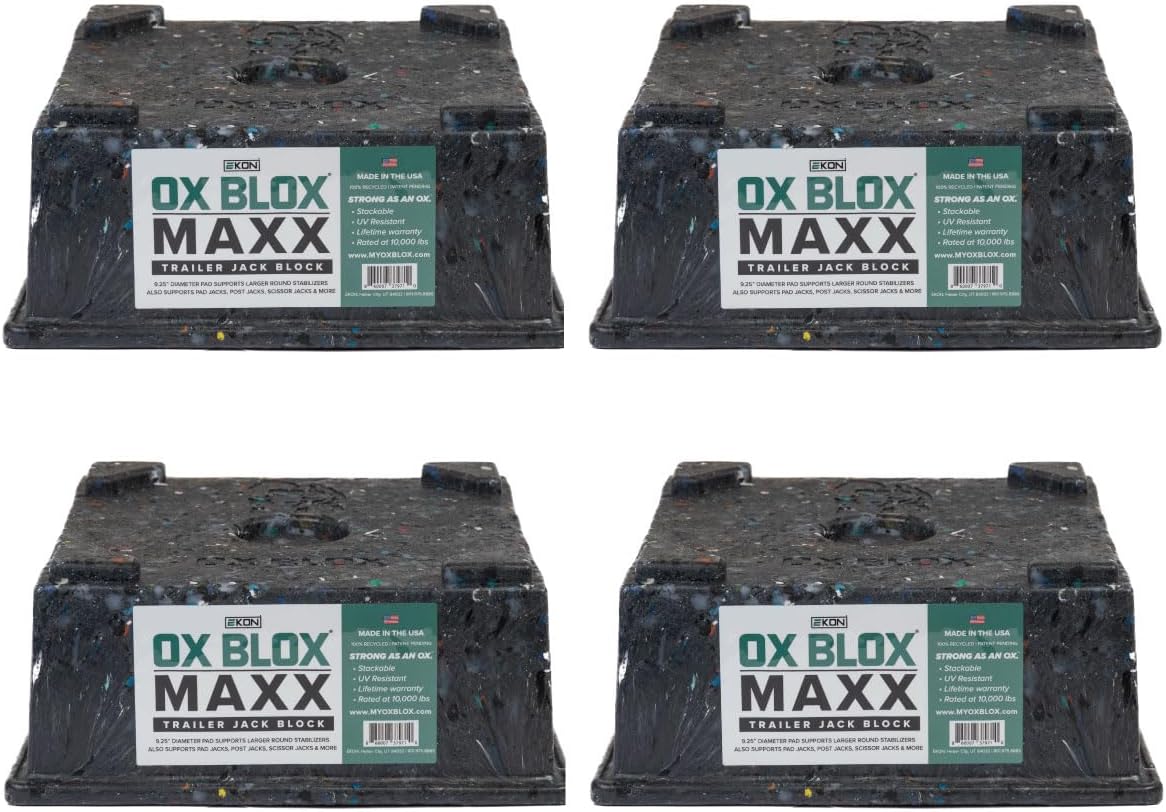 OX BLOX MAXX Heavy Duty Trailer Jack Block - 10,000 lbs. Capacity - 10.5x10.5x4.5 Inches - 6.8 lbs Weight - 5th Wheel RV Jack Block for 9" Round Feet - 9" and Smaller Feet Nest Securely Within Ridges