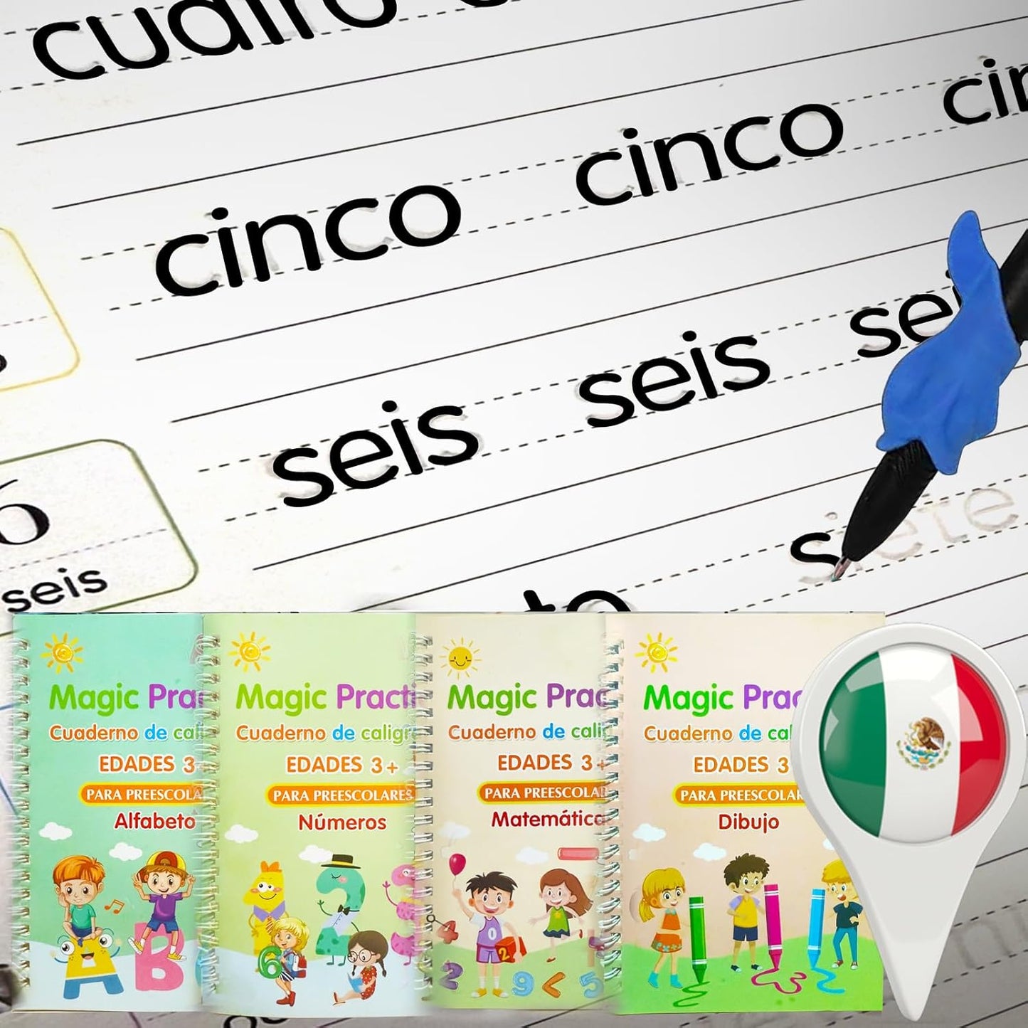 4 Magic Grooved Writing Practice for Kids - English Pre K Tracing Practice Book, Reusable Preschool Handwriting Workbooks Without Tears, 4-Theme Copybooks with Pen Refill for Age 3-10 (English, Small)