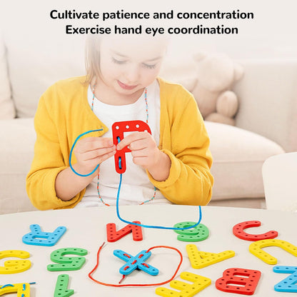 Lacing Alphabet and Number Cards, Wooden Threading Letters Beads with 8 Strings for Early Spelling, Number Alphabet Lacing Cards for Boys Girls