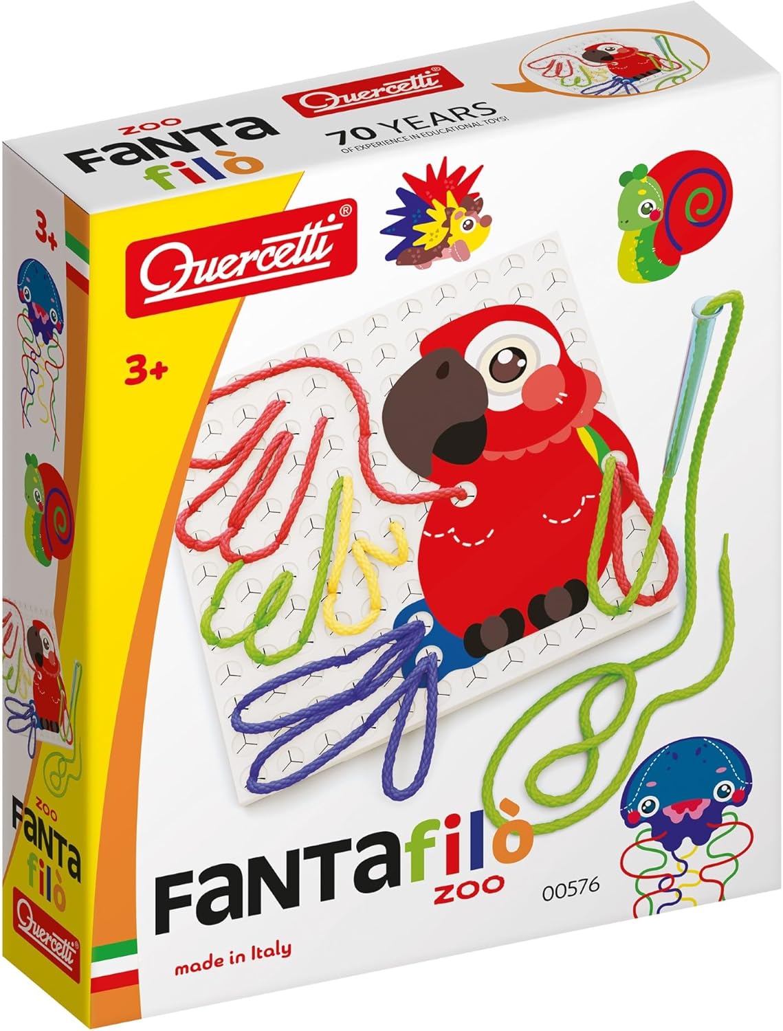 Quercetti Filo Play Set - A Novel Lacing Tool with 18 Pattern Templates to Create Art with String- for Ages 4 and Up (Made in Italy)
