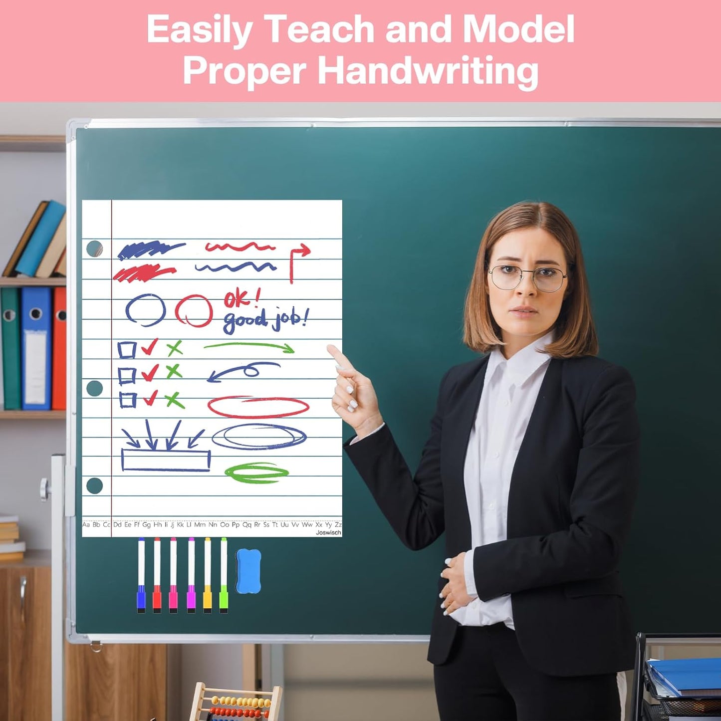 1PCS Giant Magnetic Notebook Paper 6 Magnetic Pens + 1 Eraser Erasable Handwriting Lined Paper Whiteboard Accessories, Dry Erase Notebook Teaching Aids, Homeschool Teaching Supplies 17" x 22"