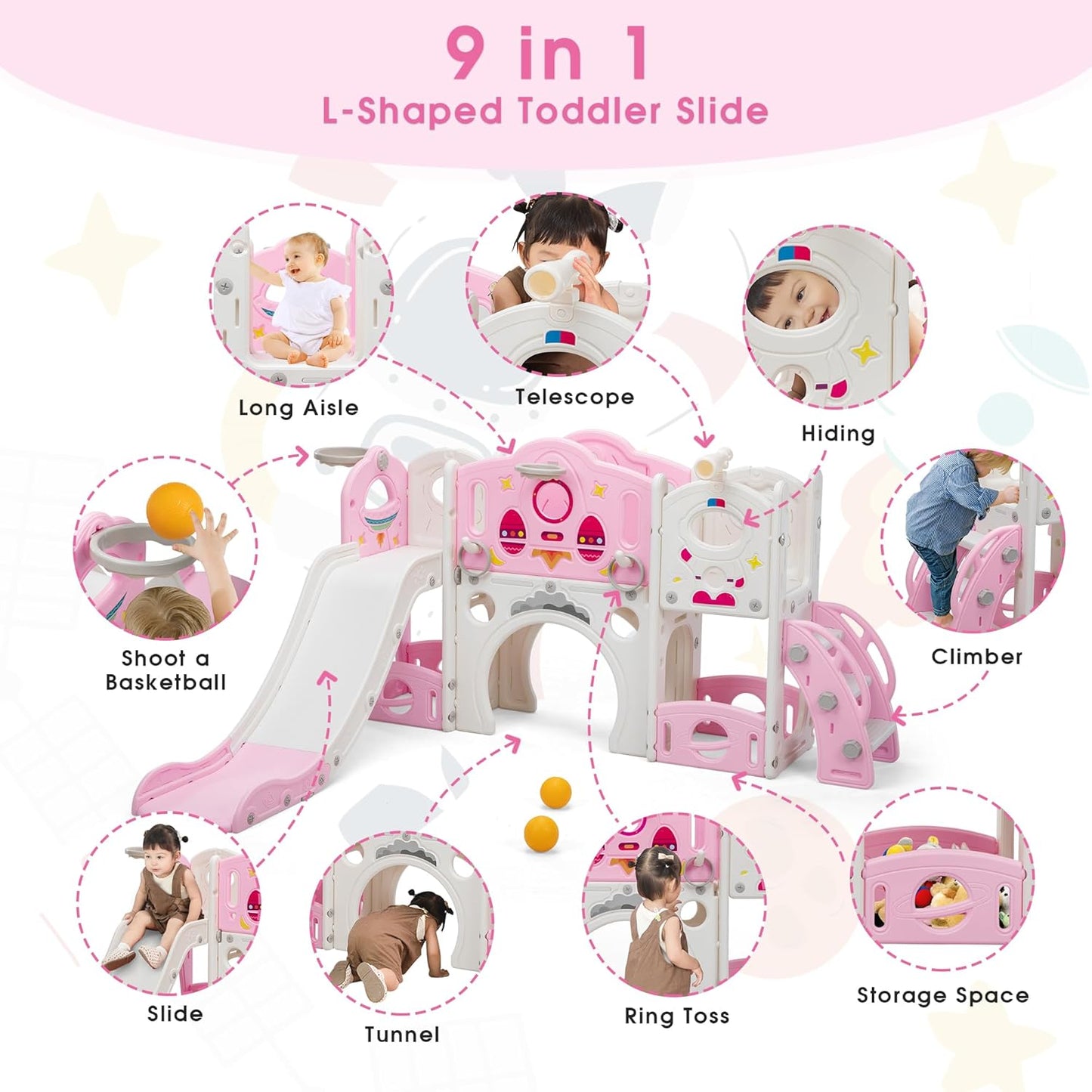 NYEEKOY 9 in 1 Toddler Slide and Climber Playset Freestanding Backyard Playground for Children Age 1-4, Indoor Outdoor Kids Slide with Basketball Hoop,Telescope, Ring-toss and Storage Space