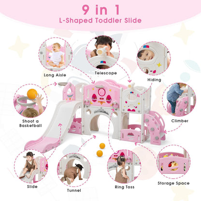 NYEEKOY 9 in 1 Toddler Slide and Climber Playset Freestanding Backyard Playground for Children Age 1-4, Indoor Outdoor Kids Slide with Basketball Hoop,Telescope, Ring-toss and Storage Space