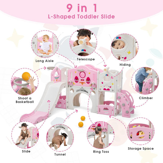 NYEEKOY 9 in 1 Toddler Slide and Climber Playset Freestanding Backyard Playground for Children Age 1-4, Indoor Outdoor Kids Slide with Basketball Hoop,Telescope, Ring-toss and Storage Space