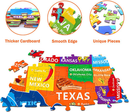United States Map Puzzle for Kids Ages 6-8 8-10 10-12 - 200 Piece Floor Jigsaw with Poster - Educational USA Geography Jigsaw with 50 States & Capitals - Large Map Puzzle STEM Gift for Boys and Girls