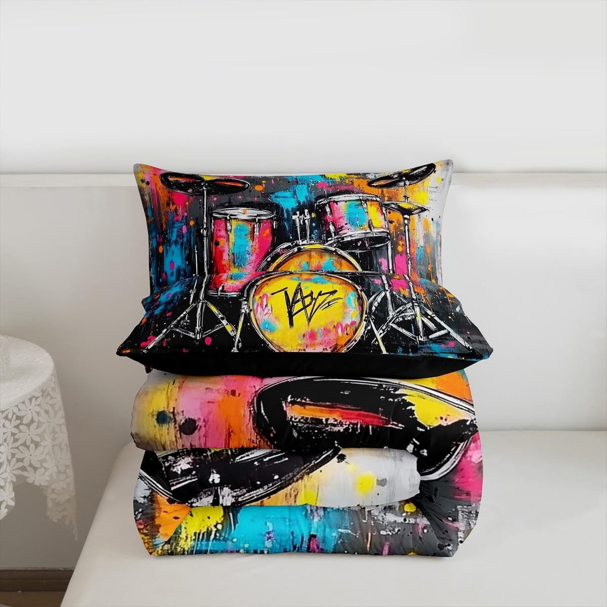 Erosebridal Drum Kit 3D Print Kids Comforter Sets Rock Music Themed Full Bedding Set for Boys Girls Musical Pattern Comforter Set,Colorful Retro Style Quilt Duvet 3 Pcs