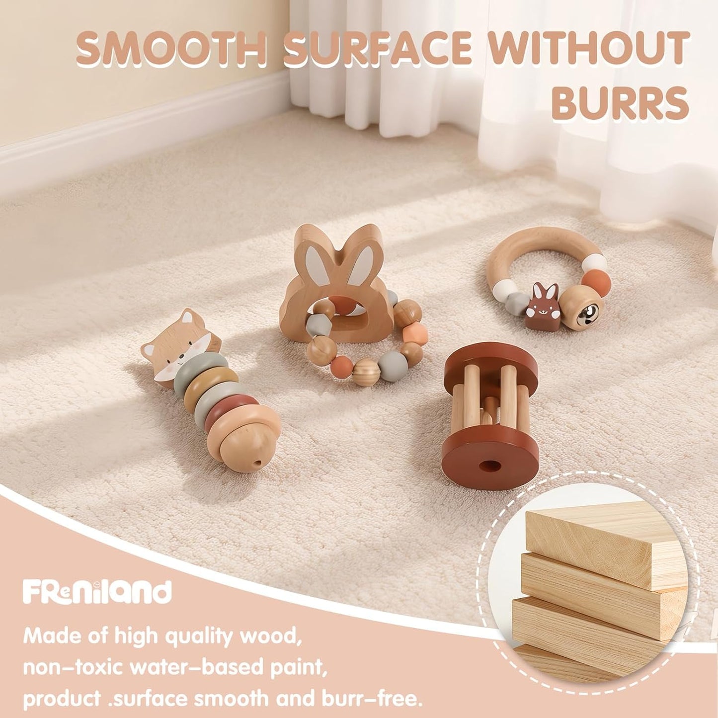 FReniland Wooden Baby Toy Set for 12M+, Montessori Grasping & Stacking Toys, Elephant & Car Sensory Toys, Natural Wood Fine Motor Skill Development Gift for Boys & Girls