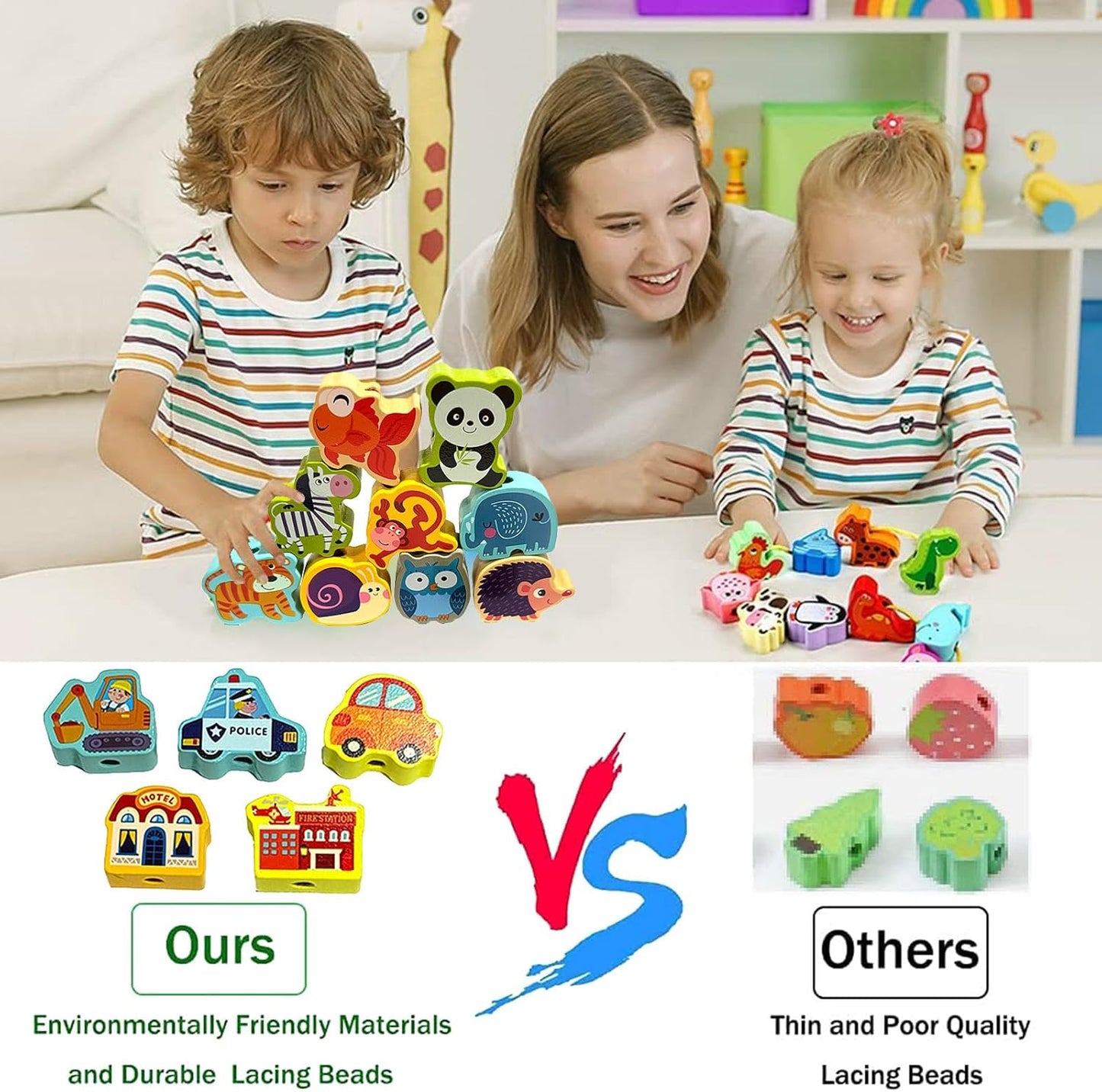 46 PCS Montessori Wooden Lacing Beads Toys for Toddlers,Educational Stringing Animals Fruits Farm Threading Beads Preschool Learning Toys for Kids 3 4 5 6 Year Old Boys Girls…