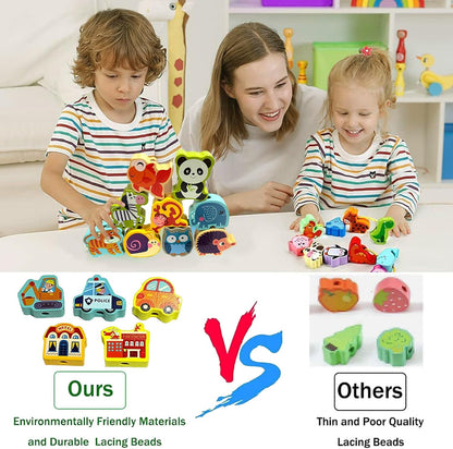 46 PCS Montessori Wooden Lacing Beads Toys for Toddlers,Educational Stringing Animals Fruits Farm Threading Beads Preschool Learning Toys for Kids 3 4 5 6 Year Old Boys Girls…