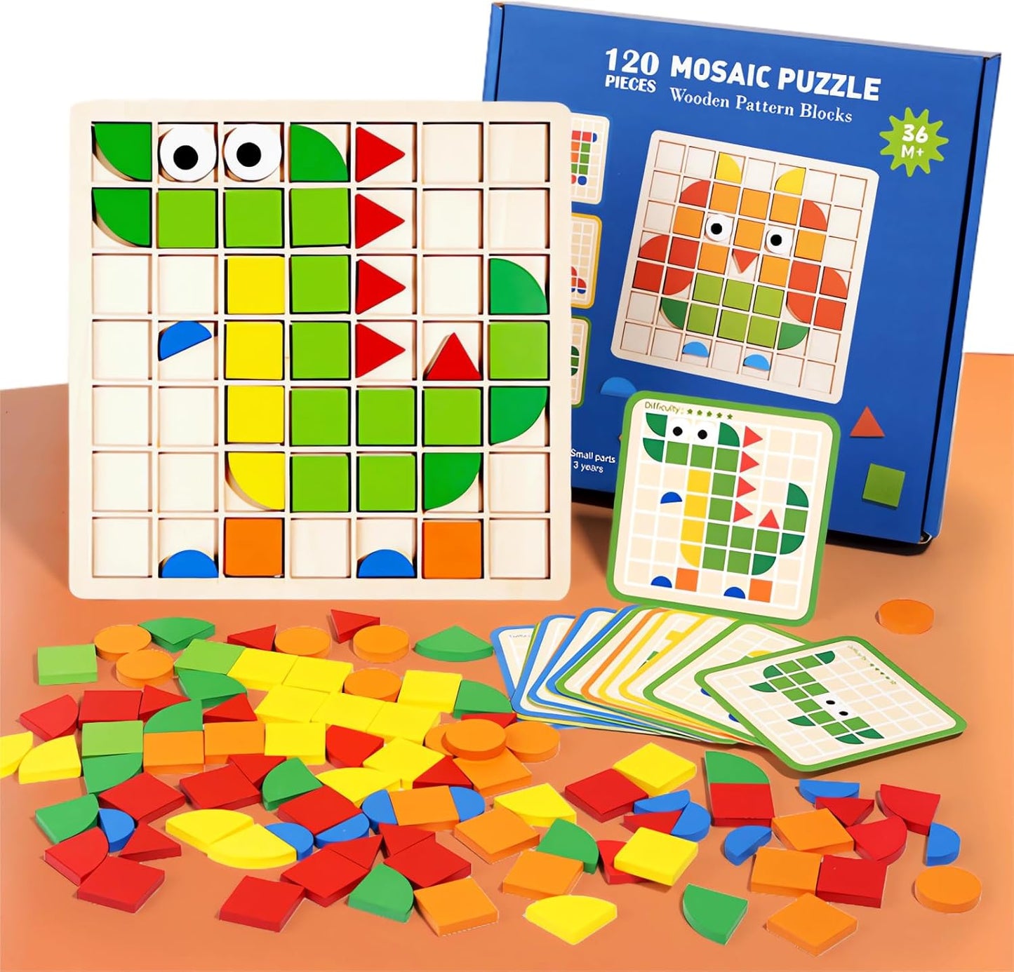 Pattern Blocks and Boards with 120 Pieces Colored Wooden Shape Blocks, with 20 Pieces Design Cards, Kindergarten Classic Geometric Puzzles Toys for Girls and Boys
