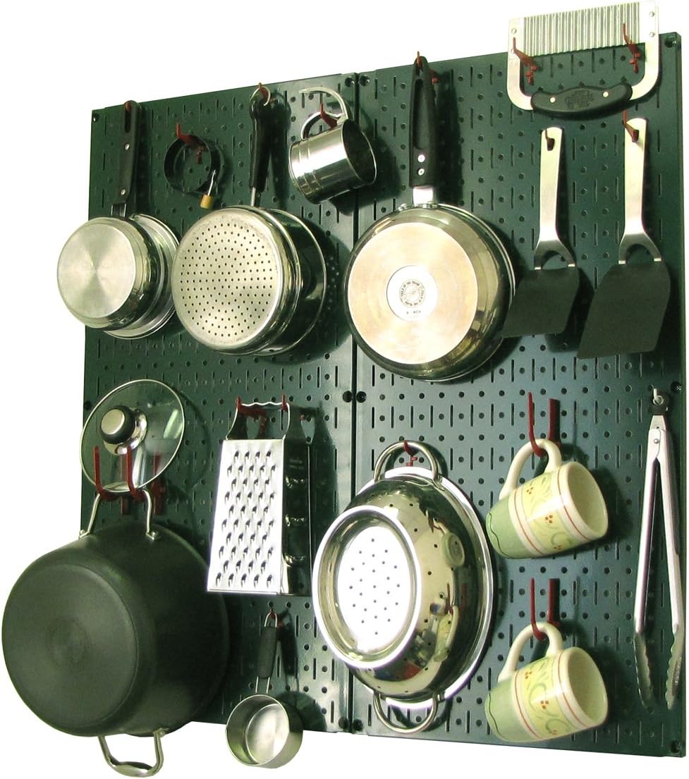 Wall Control Kitchen Pegboard Organizer Pots and Pans Storage Rack Organization Kit with Green Pegboard and White Accessories