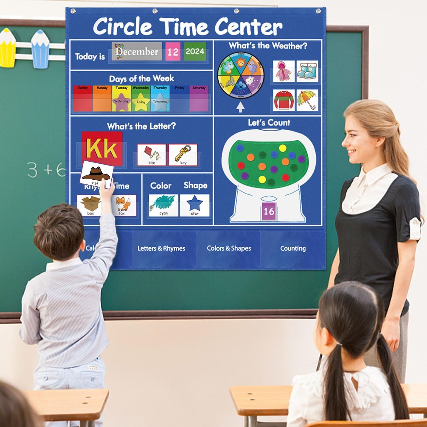 Circle Time Learning Center Pocket Chart for Classroom, Dry Erase Alphabet & Number Flash Cards, Write ABC Letter Tracing Writing Practice Games for Kids, Learning Weather Counting Color Shape