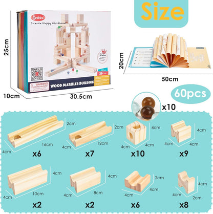Wooden Marble Run for Kids Ages 4-8, 80 Pieces Wood Building Blocks Toys and Construction Play Set, Marble Track Maze Game STEM Learning Toys Gifts for Boys Girls (80pc Set)