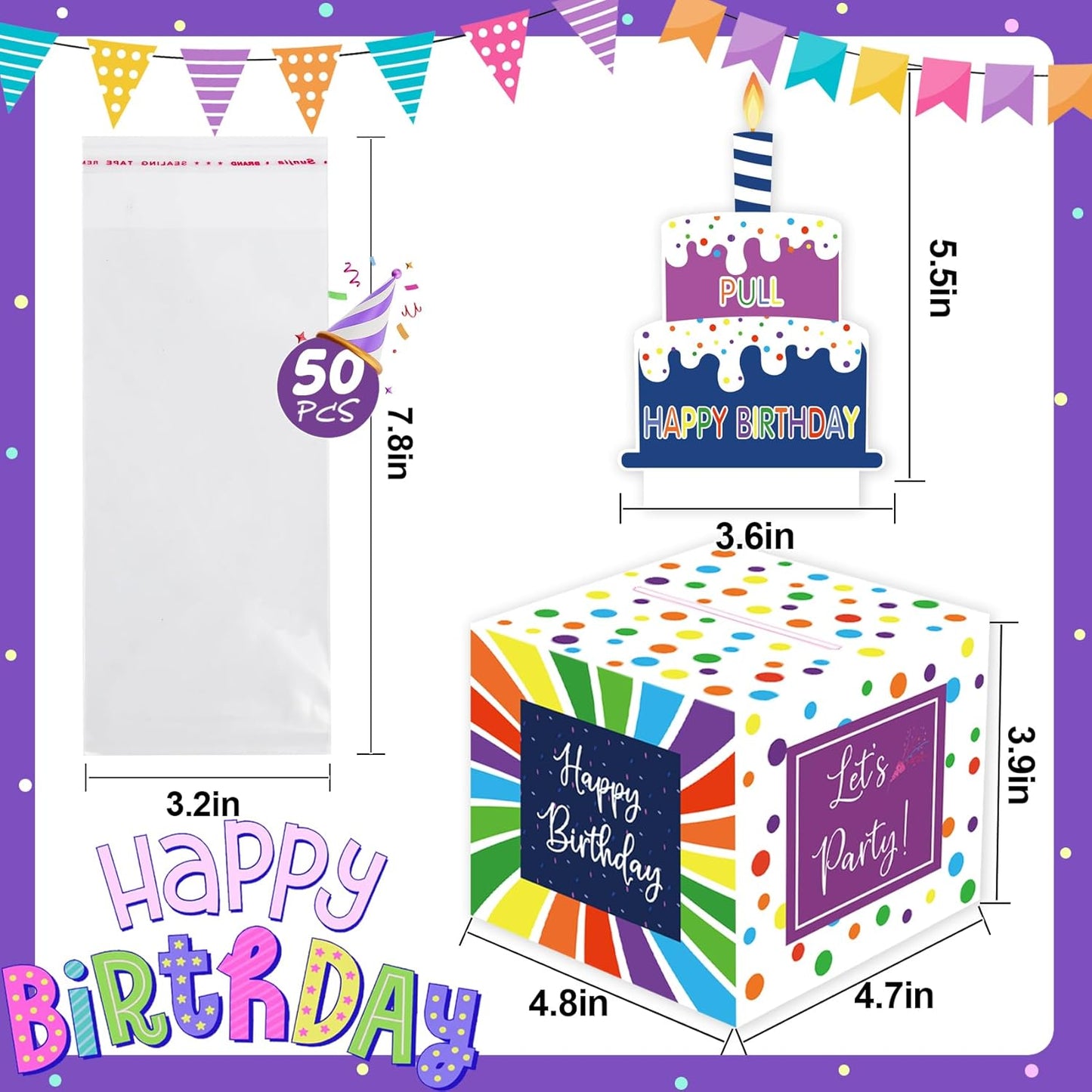 Birthday Money Box for Cash Gift Pull, Surprise Gift Boxes for Money, Money Holder Box with Pull Out Happy Birthday Card and 50Pcs Transparent Bags, Money Gift Ideas for Kids and Adults