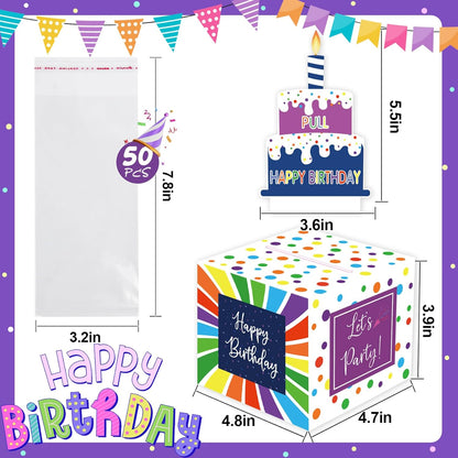 Birthday Money Box for Cash Gift Pull, Surprise Gift Boxes for Money, Money Holder Box with Pull Out Happy Birthday Card and 50Pcs Transparent Bags, Money Gift Ideas for Kids and Adults