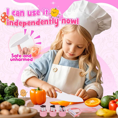 Kids Baking Cooking Set Real & Toddler Kid Apron, Kids Knife Set for Real Cooking & Basket,Food-Grade Material,Montessori Toddler Kitchen Tools, Christmas Birthday Gift for 3-10 Year Old Girls Boys