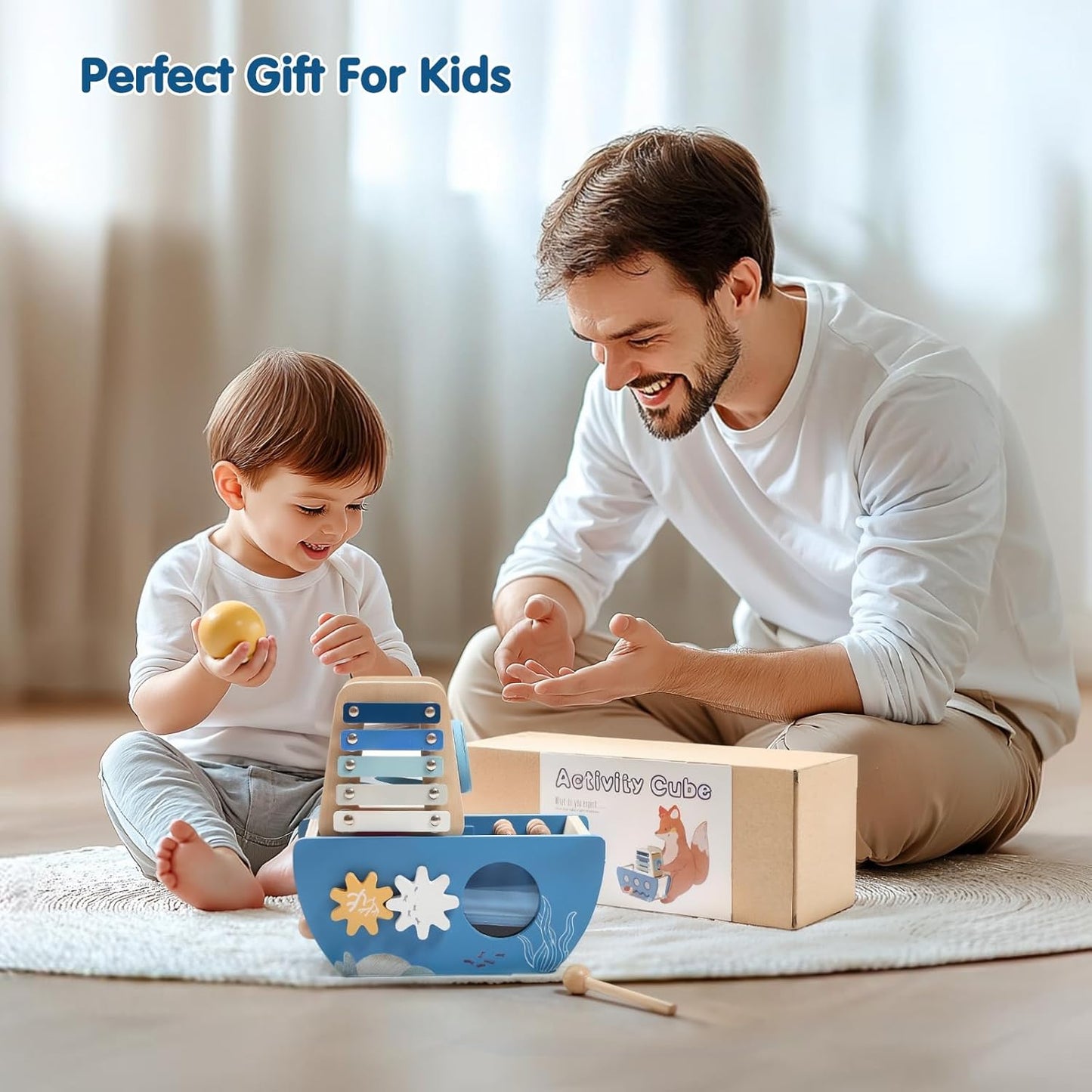 Promise Babe 5-in-1 Baby Wooden Activity Cube, Sea Ocean Montessori Toddler Toys for 1+ Year Old Boys Girls Gifts, Educational Learning Boat Toys for 1st Birthday Gifts for Kids