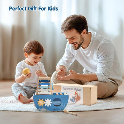 Promise Babe 5-in-1 Baby Wooden Activity Cube, Sea Ocean Montessori Toddler Toys for 1+ Year Old Boys Girls Gifts, Educational Learning Boat Toys for 1st Birthday Gifts for Kids