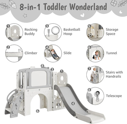 8-in-1 Toddler Slide Playground Set for Indoor & Outdoor Fun – Includes Climber, Basketball Hoop, Telescope, Tunnel, and Storage Space for Kids – Perfect for Backyard & Courtyard Activities