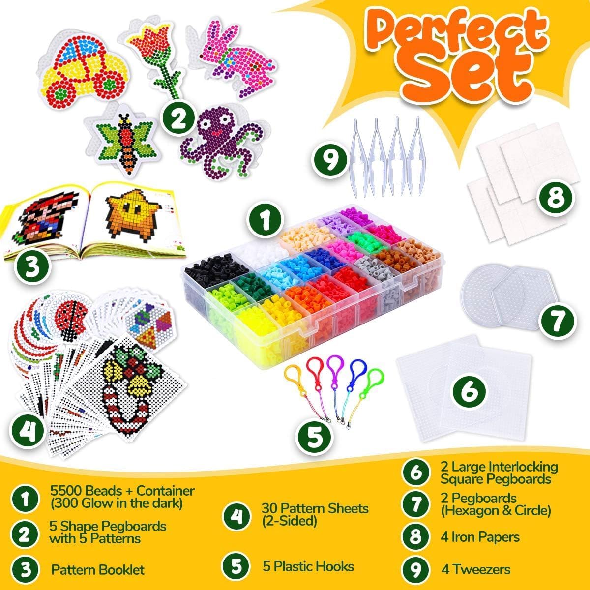 Goody King Board Fuse Beads Iron Set - Fuse Bead Kit for Kids Crafts with Bead Pegboard and Aqua Pony Beads, Pixel Art and Craft Kit (Large Set with Iron)