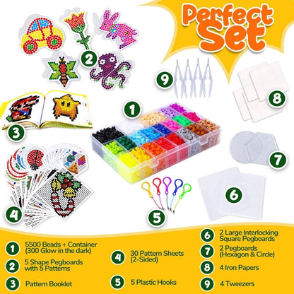 Goody King Board Fuse Beads Iron Set - Fuse Bead Kit for Kids Crafts with Bead Pegboard and Aqua Pony Beads, Pixel Art and Craft Kit (Large Set with Iron)