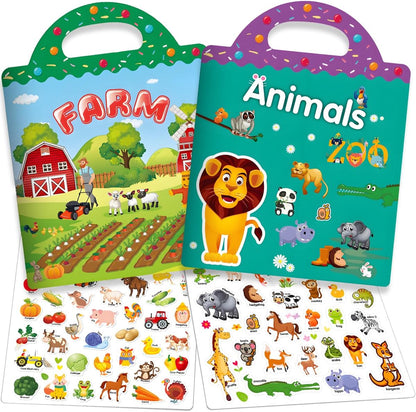 FUNCLASS 4 Pack Reusable Sticker Books for Toddlers 3,Toddler Sticker Books for Travel,Quiet Sticker Books for Kids,Kids Jelly Sticker Books with Animal,Dinosaur,Vehicles,Farm,Toddler Birthday Gifts