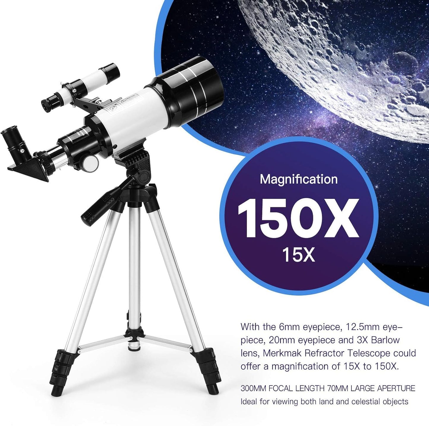 Telescope for Kids & Adults, 70mm Aperture 300mm Telescopes for Astronomy Beginners, 15X-150X Magnification Portable Refractor Telescope with Adjustable Tripod, Phone Adapter