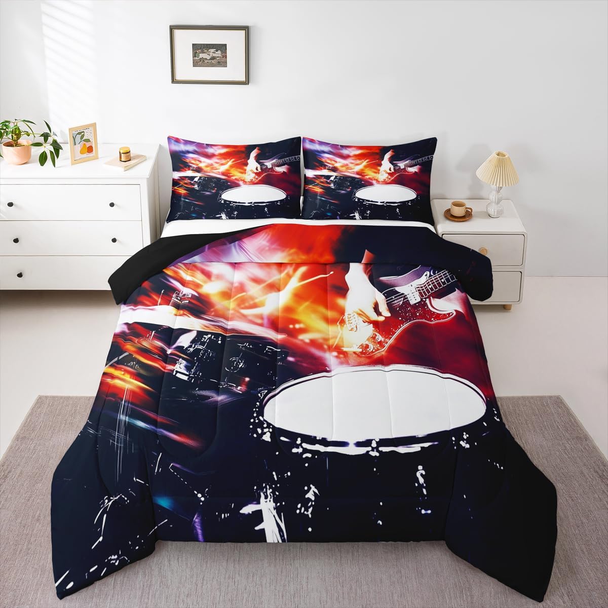 Erosebridal Drum Kit 3D Print Kids Comforter Sets Rock Music Themed Full Bedding Set for Boys Girls Musical Pattern Comforter Set,Colorful Retro Style Quilt Duvet 3 Pcs