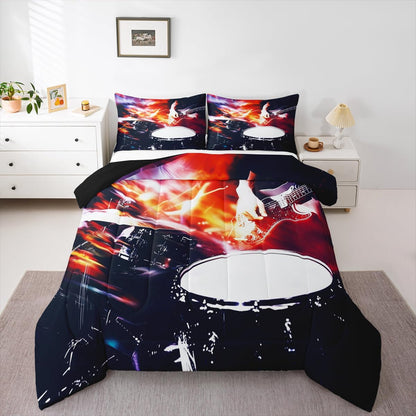 Erosebridal Drum Kit 3D Print Kids Comforter Sets Rock Music Themed Full Bedding Set for Boys Girls Musical Pattern Comforter Set,Colorful Retro Style Quilt Duvet 3 Pcs